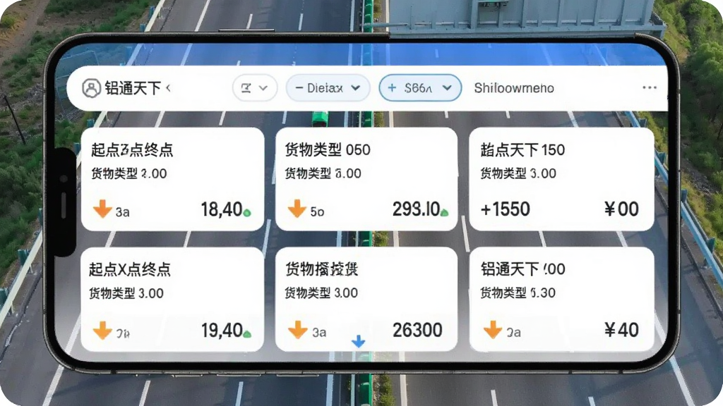 手机屏幕显示铝通天下司机端的货源列表页面,顶部有筛选条件,下方多条货源卡片,每条卡片显示起点终点、货物类型、运费金额,背景为高速公路俯瞰图,风格简约现代,色彩明快,画质干净,无多余元素