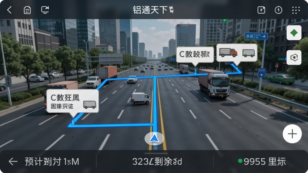 铝通天下司机端导航界面截图,地图上显示蓝色路线,途经几个装卸货点,底部有预计到达时间和剩余里程,背景为城市道路实景,画质清晰,风格写实,突出智能导航功能,无多余元素