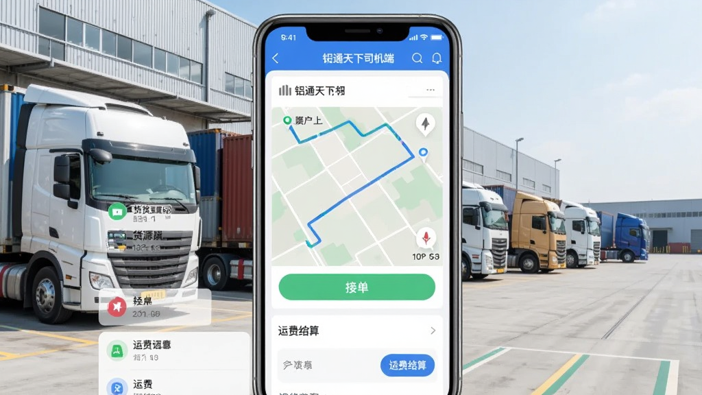 一张展示铝通天下司机端APP界面的手机截图,屏幕上有清晰的货源列表、接单按钮、路线导航和运费结算等模块,背景是现代化的物流园区,几辆货车整齐停放,画面干净明亮,风格写实,突出APP的功能性和专业性,画质清晰,无多余元素