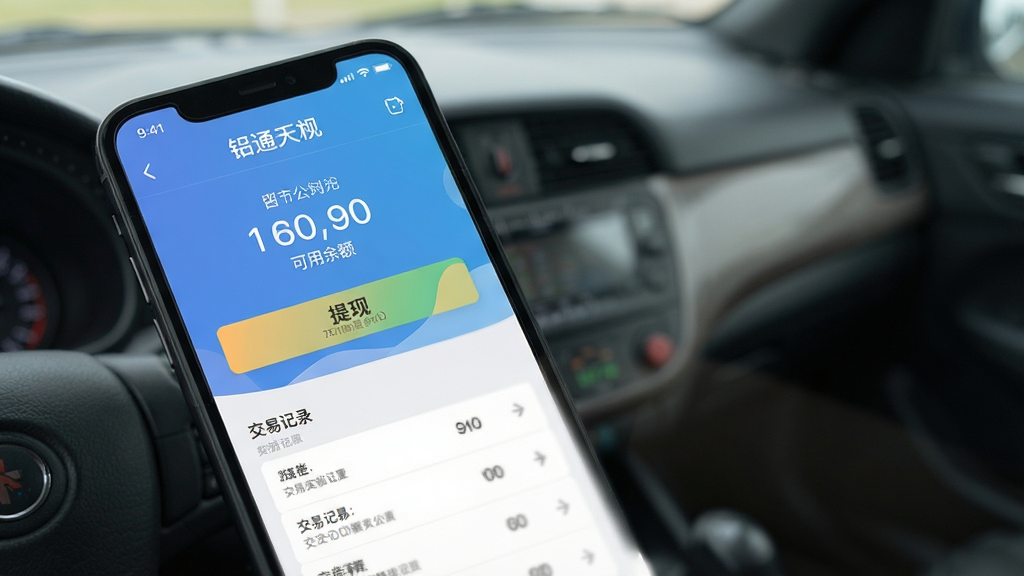 铝通天下司机端钱包页面,显示可用余额、提现按钮、交易记录列表,背景为手机支付场景,风格清爽,色彩淡雅,画质清晰,无多余元素