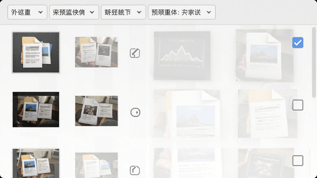 一张预览恢复界面截图,主体为文件列表展示缩略图与复选框,背景为浅灰色,布局列表式,排版简洁,细节包含顶部筛选标签,画质高清,干净无多余元素