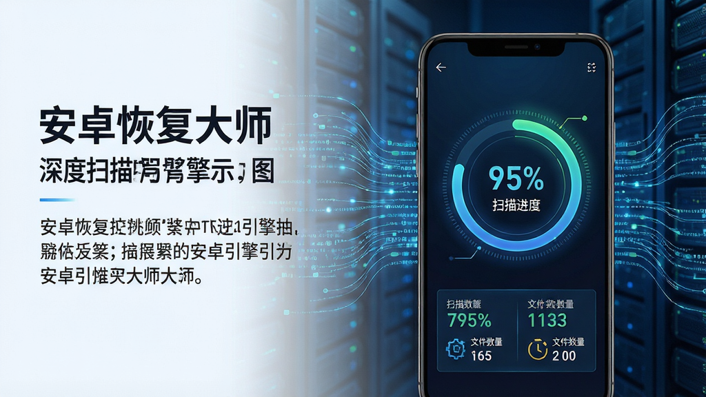 一张“安卓恢复大师”深度扫描引擎示意图,主体为手机屏幕展示扫描进度环,背景为数据流线条,布局左侧文字介绍右侧图形演示,排版清晰,风格科技感强,细节包含扫描百分比与文件数量统计,画质高清,干净无多余元素