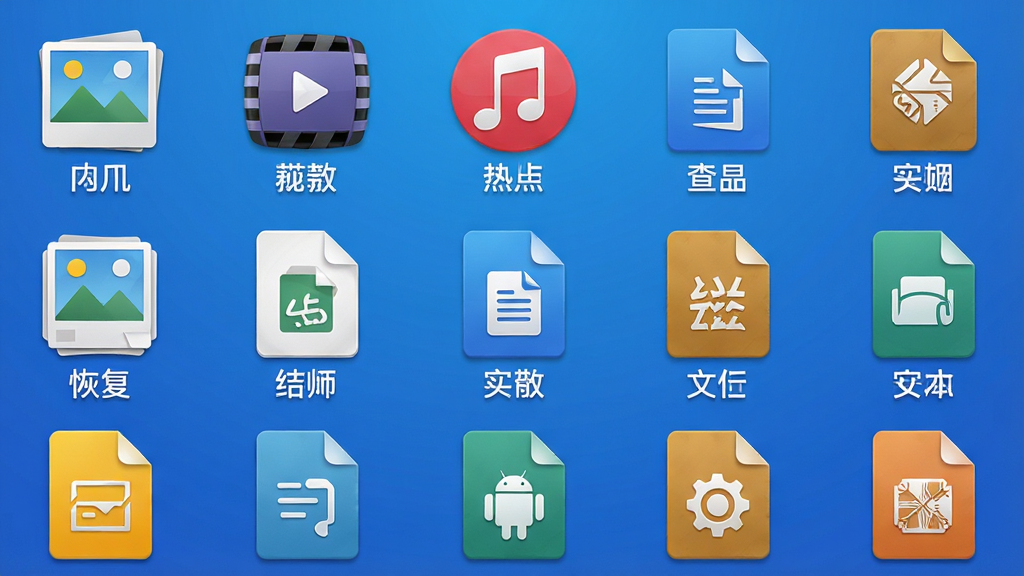 一张“安卓恢复大师”文件类型展示图,主体为网格排列的各类文件图标,包括照片、视频、音乐、文档、压缩包等,背景为渐变蓝色,布局整齐,排版规整,风格图标化,细节每个图标下方标注中文名称,画质高清,干净无多余元素