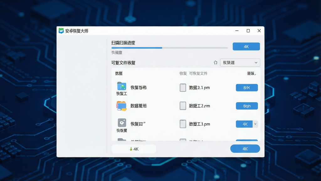 一张高清产品展示图,主体为“安卓恢复大师”软件主界面悬浮在深蓝色科技背景之上,界面显示手机扫描进度条与可恢复文件列表,布局居中,排版简洁大气,风格现代扁平化,细节包含数据类别图标与恢复按钮,画质4K,干净无多余元素