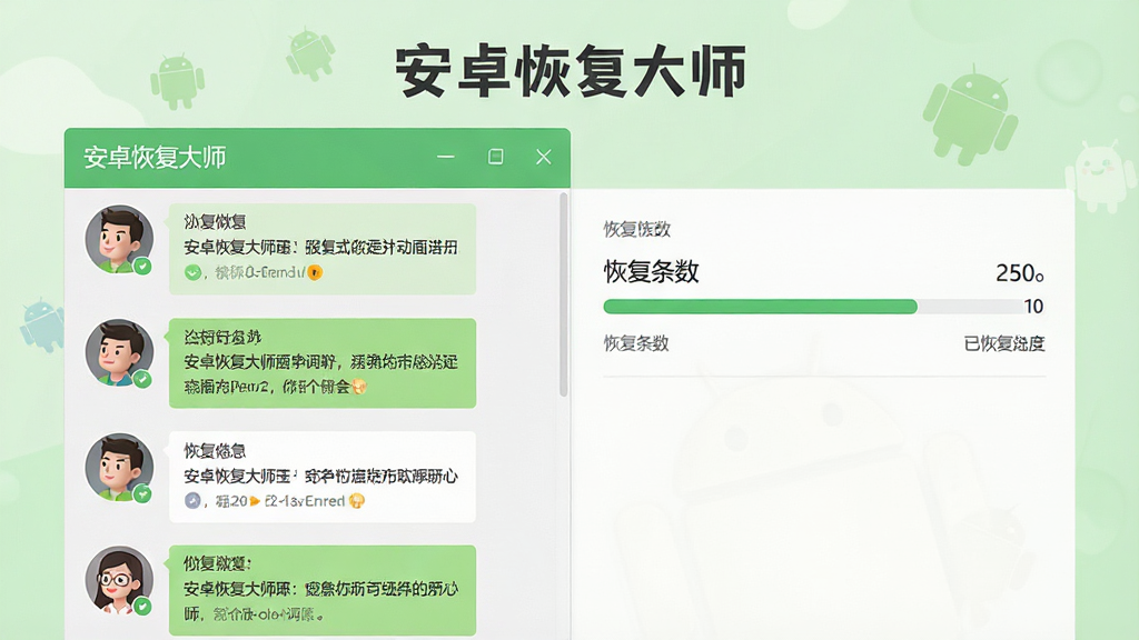 一张功能展示图,主体为“安卓恢复大师”微信恢复界面,左侧列出微信好友头像与聊天片段,右侧显示恢复进度条,背景淡绿色护眼风格,布局平衡,排版简洁,细节包含已恢复条数统计,画质清晰,干净无多余元素