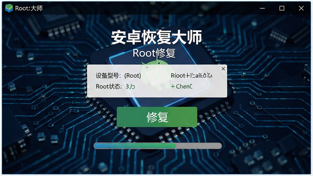 一张功能示意图,主体为“安卓恢复大师”Root修复界面,显示设备型号与Root状态,背景为数字电路纹理,布局居中,排版科技感,细节包含修复按钮与进度条,画质清晰,干净无多余元素