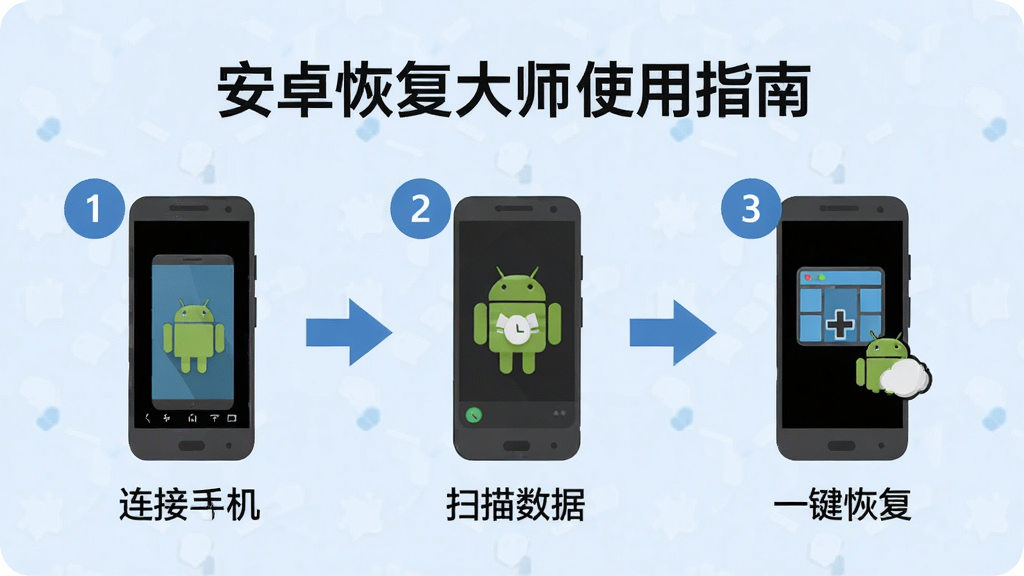 一张“安卓恢复大师”使用指南插图,主体为三步操作示意图(连接手机、扫描数据、一键恢复),背景为淡蓝色,布局横向流程,排版清晰,风格扁平化,细节包含步骤编号与箭头,画质高清,干净无多余元素