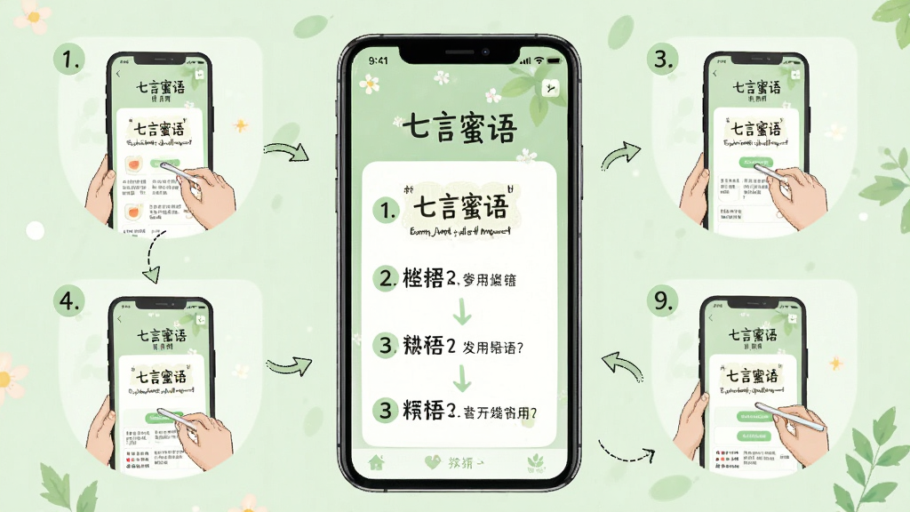 主体:手机屏幕展示“七言蜜语”的使用教程页面,有步骤说明和箭头指示。布局:手机居中,周围环绕着操作步骤的示意图。排版:步骤以编号列表形式呈现,清晰明了。风格:清新简洁的插画风格,配色柔和。细节:屏幕上有“七言蜜语”的引导界面,背景为浅绿色。画质:高清,干净,无多余元素。