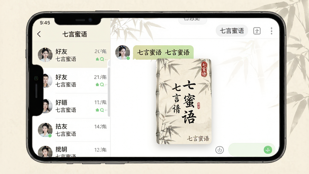 主体:手机屏幕展示“七言蜜语”的聊天界面,一条消息附带古风诗句卡片。布局:手机在画面中央,左侧是好友列表,右侧是对话窗口,诗句卡片突出显示。排版:清晰的分栏布局,重点突出诗句内容。风格:简约古风UI设计,配色以米白和淡墨色为主。细节:诗句卡片上有“七言蜜语”的水印,背景有淡淡的竹叶纹理。画质:高分辨率,干净,无多余元素。