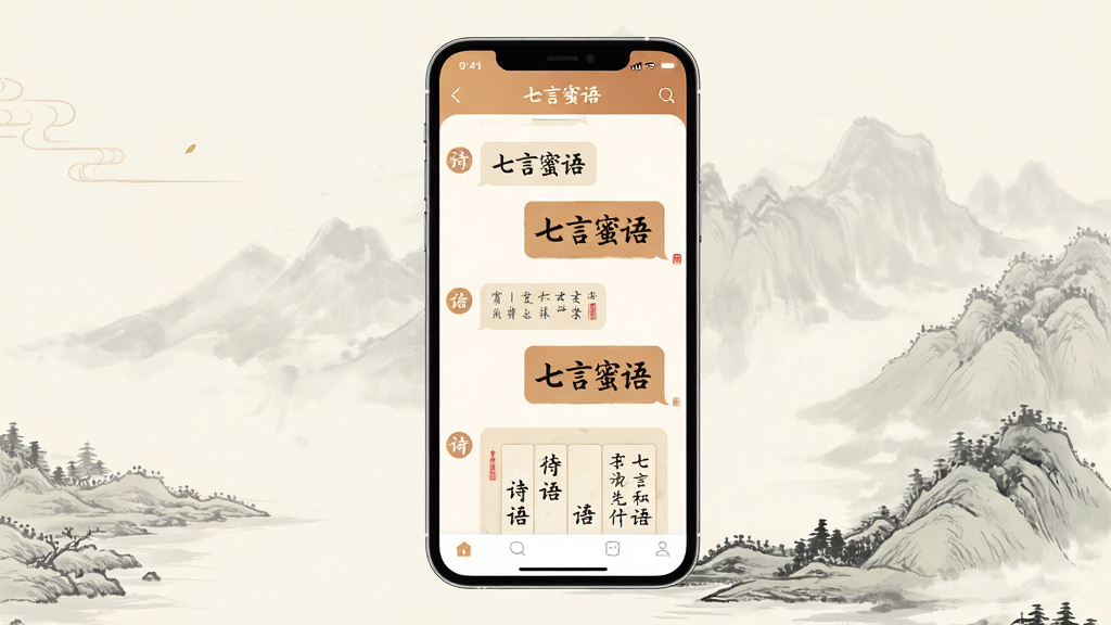 主体:一款名为“七言蜜语”的手机应用界面,屏幕上有古风诗词对话气泡和温暖的色调。布局:手机居中,界面清晰展示聊天列表和诗词卡片,背景为淡雅的水墨山水画。排版:界面元素错落有致,文字与图标搭配和谐。风格:融合古典与现代的扁平化设计,清新雅致。细节:对话气泡中显示“七言蜜语”字样,并配有毛笔字体的诗句。画质:高清渲染,干净,无多余元素。