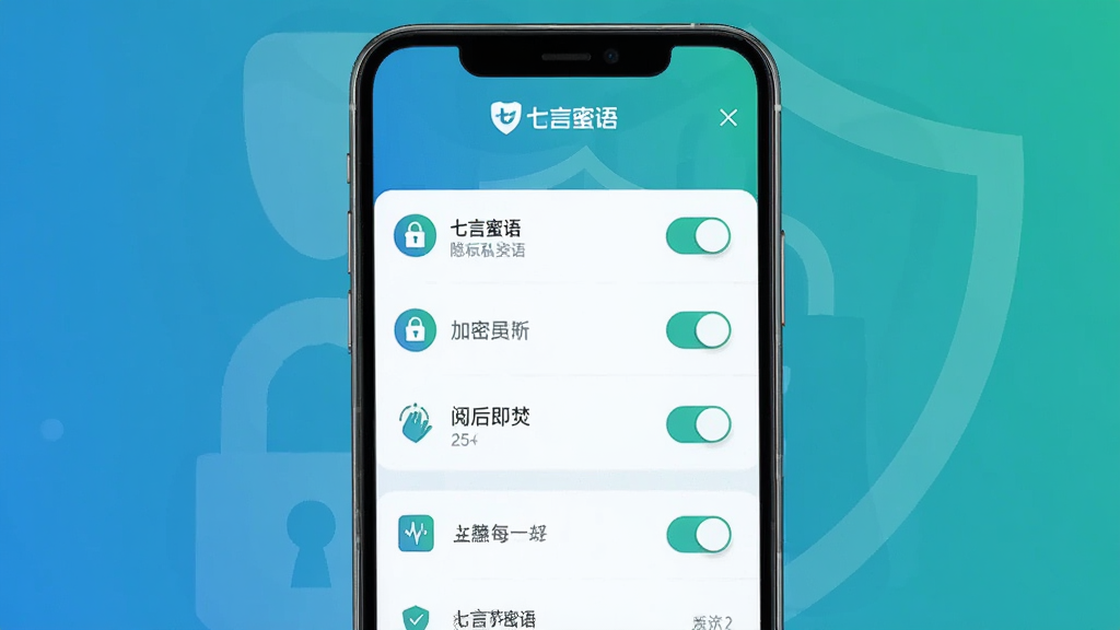 主体:手机界面展示“七言蜜语”的隐私设置页面,有加密锁图标和“阅后即焚”开关。布局:手机居中,设置项以列表形式排列,图标清晰。排版:简洁的列表布局,重点功能通过开关和图标展示。风格:现代扁平化设计,蓝绿色调,给人安全可靠的感觉。细节:屏幕上有“七言蜜语”的logo,背景为抽象的盾牌图案。画质:高清,干净,无多余元素。