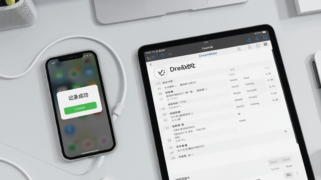 一张展示DreamMate在手机和平板上同步使用的场景图,画面左侧是手机显示“记录成功”的提示,右侧是平板显示同一份记录的详细页面,背景为简洁的浅灰色工作台,整体风格干净明亮,突出“多端同步”与“便捷操作”主题,画质清晰,无多余元素