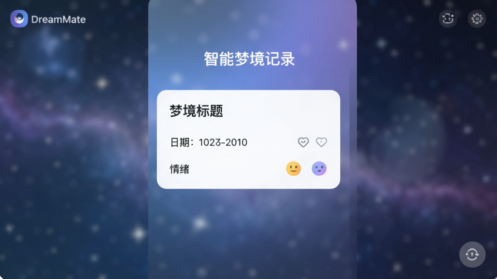 一张展示DreamMate应用主界面的高清截图,界面简洁清爽,以柔和的蓝紫色渐变为主色调,中央显示一条刚刚记录的梦境卡片,卡片上有“梦境标题”、“日期”和“情绪图标”,背景是模糊的星空图案,整体风格现代、干净,突出“智能梦境记录”的主题,画质清晰,无多余元素