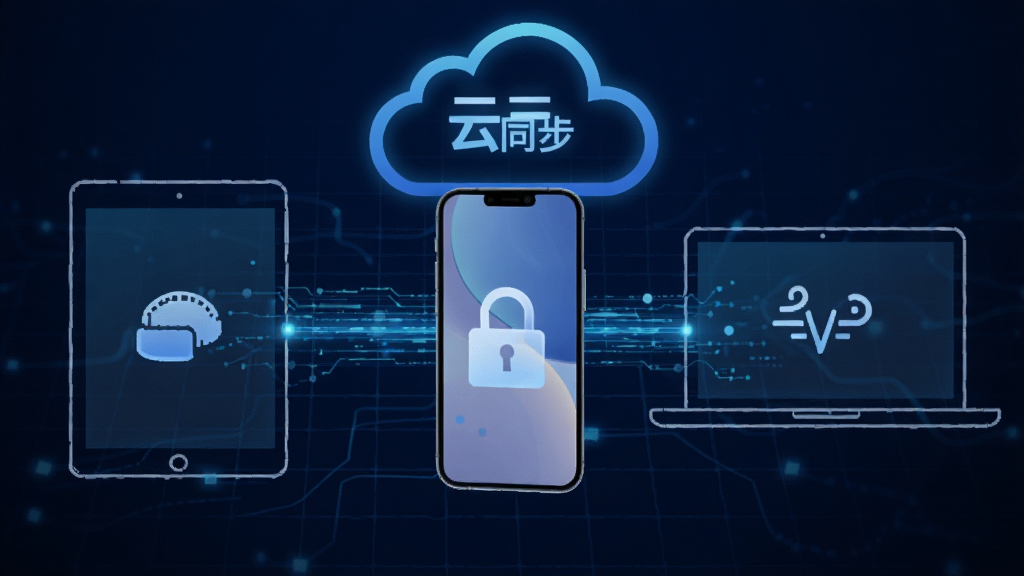 一张展示DreamMate多设备云同步功能的示意图,画面中央是一台智能手机,周围环绕着平板和笔记本电脑的轮廓,它们之间通过发光的线条连接,背景为深蓝色科技感网格,整体风格现代、科技感强,突出“云同步”与“数据安全”主题,画质清晰,无多余元素
