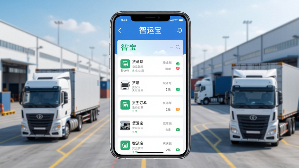 画面主体为智能手机屏幕展示智运宝App主界面,界面中清晰显示“智运宝”字样及货运订单列表,背景为现代物流园区与行驶中的货车,布局以手机为中心向四周延伸,风格写实明亮,细节丰富,画质高清干净,无多余元素。