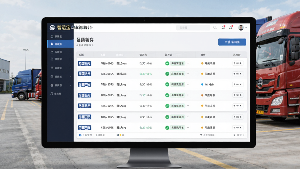 画面主体为智运宝车队管理后台界面,显示车辆列表与状态图标,背景为整齐停放的货车车队,布局以数据表格为中心,风格商务大气,细节包括车牌号与司机姓名,画质清晰干净,无多余元素。