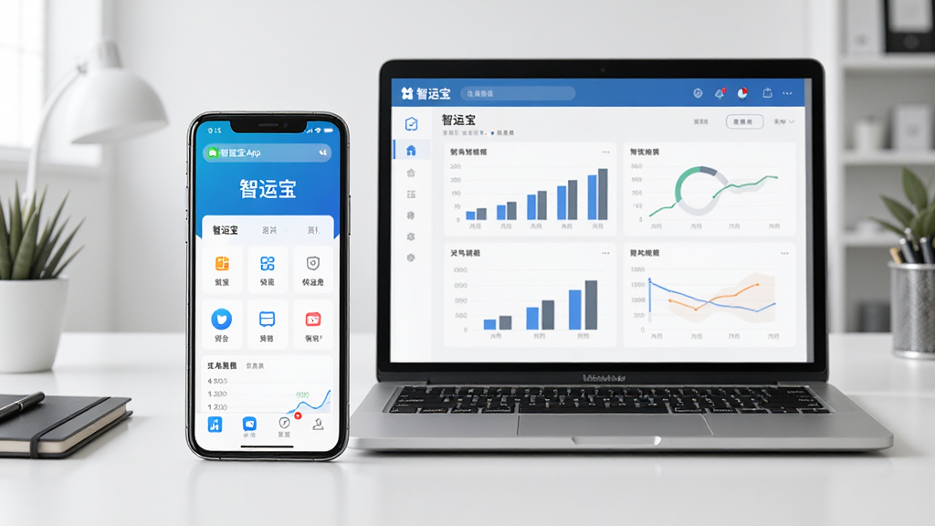 画面主体为一部智能手机与一台笔记本电脑并排放置,手机屏幕显示智运宝App主界面,电脑屏幕显示智运宝数据报表,背景为简洁办公桌,布局对称,风格商务整洁,细节包括界面图表与手机通知栏,画质高清干净,无多余元素。