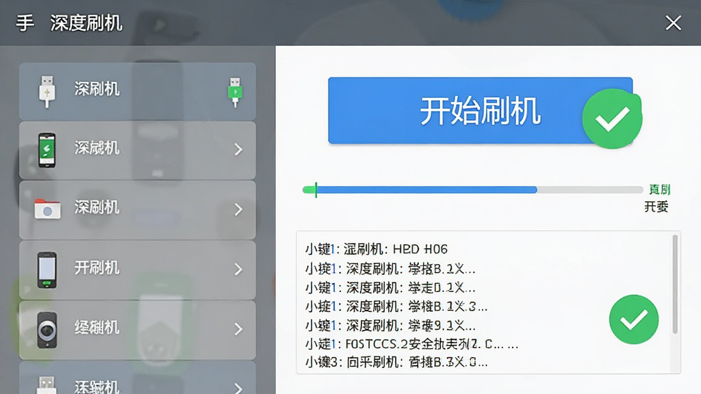 展示“深度刷机”一键刷机操作界面,左侧为手机型号列表,右侧为醒目的“开始刷机”按钮,下方有进度条和日志窗口,整体布局清晰,风格扁平化,细节有USB连接状态图标和绿色安全对勾,画质干净无多余元素