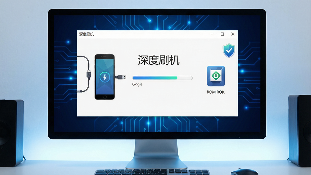 一张现代科技感十足的电脑屏幕前,显示着“深度刷机”软件主界面,界面中有手机连接动画、进度条、ROM包图标,背景为深蓝色科技光效,布局居中,风格简洁明亮,细节包含USB线连接图标、盾牌安全标识,画质高清干净无多余元素