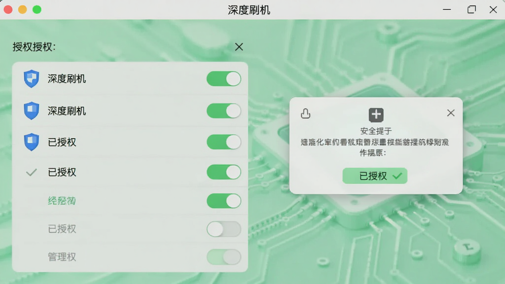 显示“深度刷机”的Root权限管理界面,包含授权列表、开关按钮、安全提示弹窗,背景为浅绿色科技风格,布局整洁,细节有盾牌图标和“已授权”字样,画质干净无多余元素