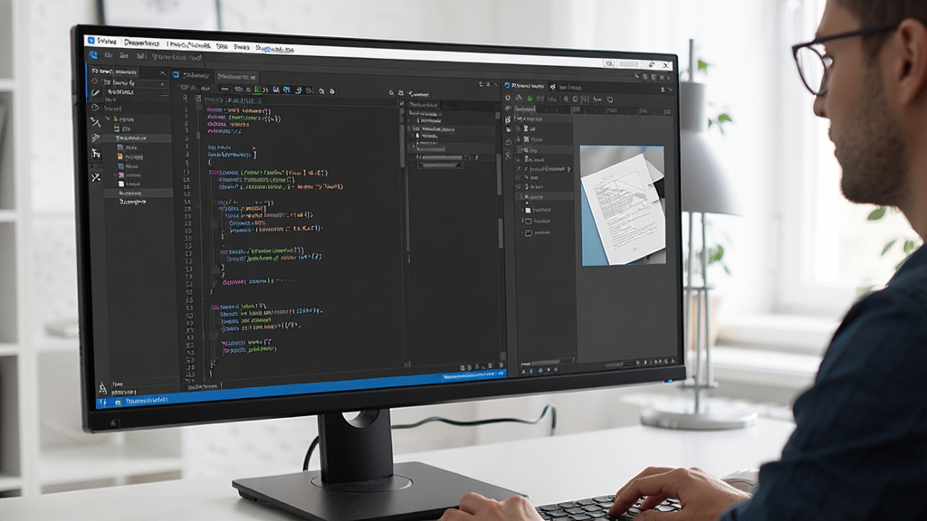 高清显示器前,一位设计师正在使用Adobe Dreamweaver界面,左侧为代码编辑器,右侧为可视化设计视图,界面简洁现代,深色主题,代码高亮清晰,整体氛围专业,画质高清,干净无多余元素