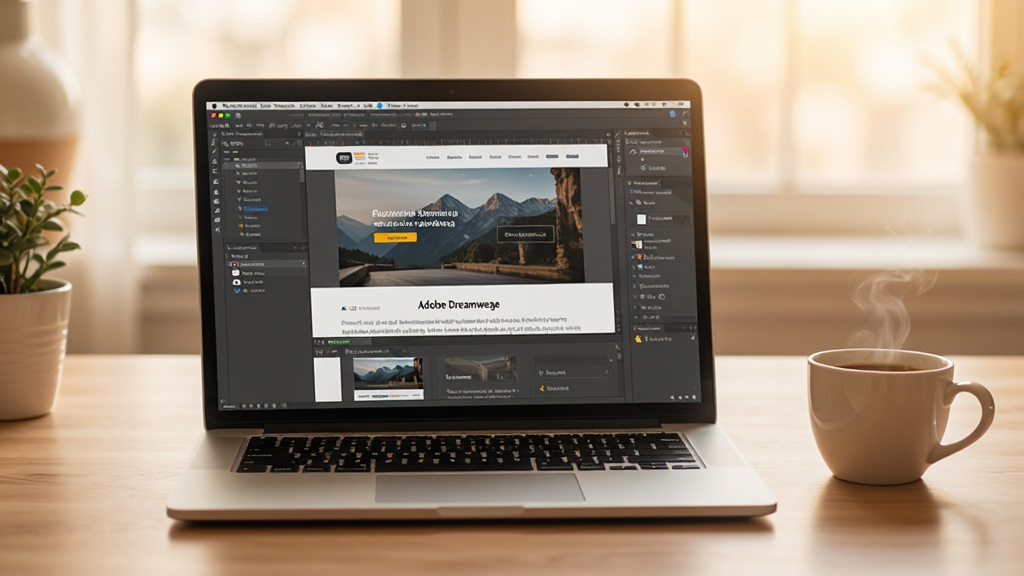 一台笔记本电脑运行Adobe Dreamweaver,屏幕显示网站编辑界面,旁边放着一杯咖啡,桌面整洁,光线明亮,风格温馨,画质清晰,无多余杂物