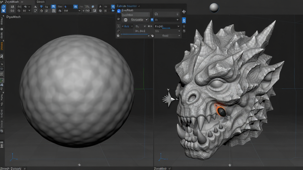 ZBrush��̬�����̹�����ʾͼ���������Ϊδ��̵����壬�Ҳ�Ϊ��ϸ��̵Ĺ���ͷ����������������������Ϊ���ɫ�������棬�Ϸ���ʾDynaMesh������壬��ˢ�����ͣ��ģ�ͱ��棬����רҵ��ǿ�����ʸɾ���ϸ�ڷḻ