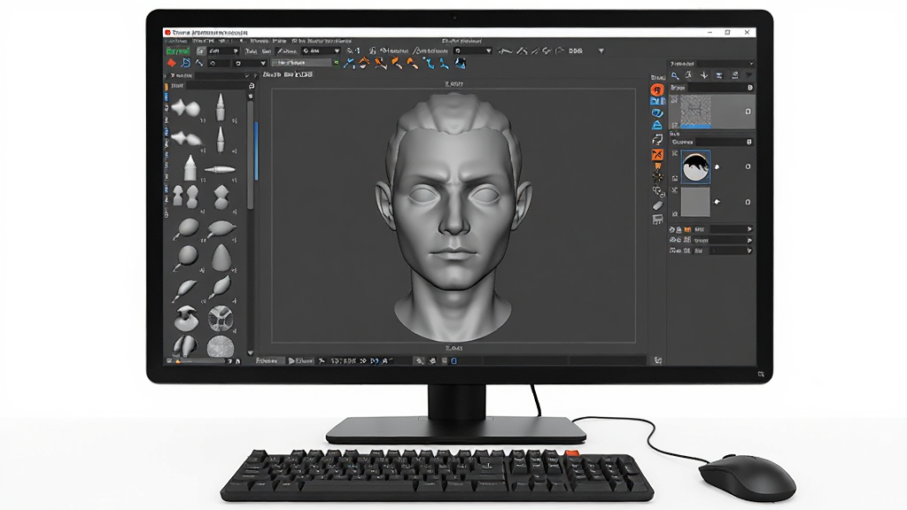 ZBrush���������̳�ʾ��ͼ��������ʾһ��������Ļ����Ļ��ZBrush����򿪣���๤������ˢ�б���������һ��δ��ɵĽ�ɫͷ��ģ�ͣ��Ҳ�Ϊͼ���������壬��Ļ�·��м��̺���꣬����������������ѧ��񣬻��ʸɾ����޶���Ԫ��