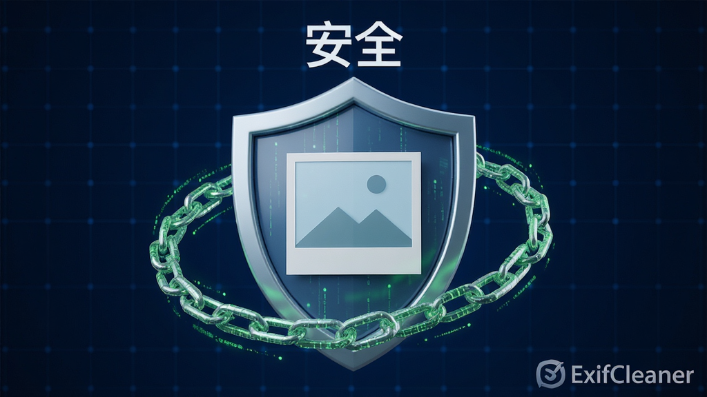 主体:一个盾牌图标守护着一张干净的照片,照片四周有细微的绿色数据流。布局:盾牌居中,照片位于盾牌内部,背景为深蓝色科技网格。排版:对称布局,盾牌上方有“安全”字样。风格:3D渲染风格,光影效果明显。细节:数据流呈锁链状环绕,象征保护。画质:超清渲染,干净,无多余元素,带有“ExifCleaner”水印。