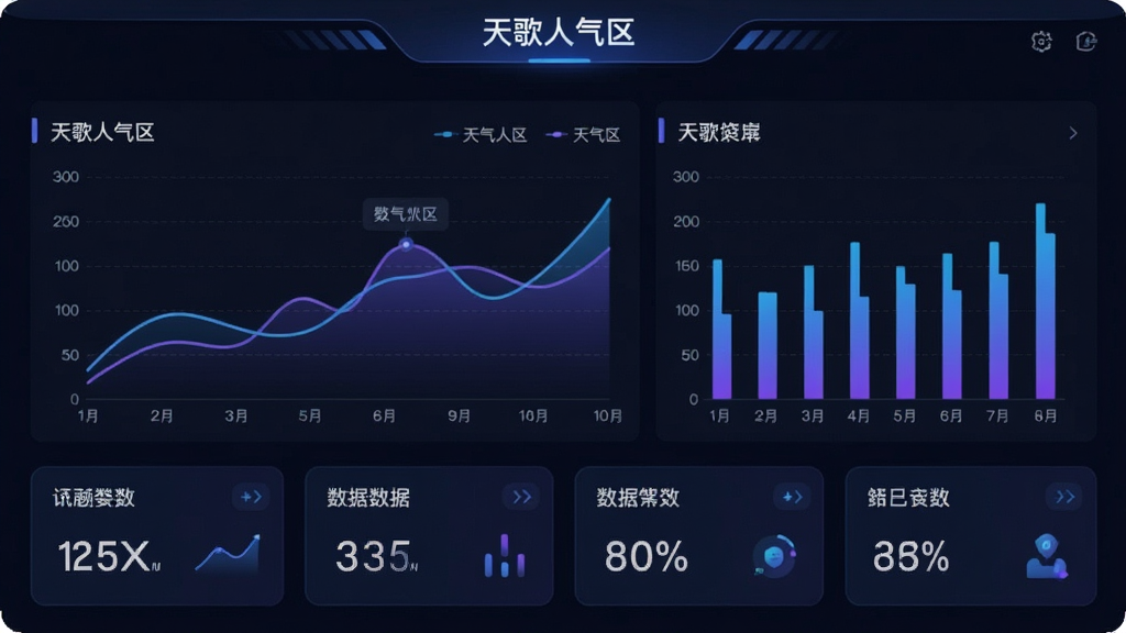 一张展示天歌人气区数据监控报表界面的图片,界面以深色主题为主,中央是折线图与柱状图,标注“天歌人气区”标题,下方是各项数据指标卡片,风格简约科技感,色彩以蓝紫为主,画质清晰,排版干净,无多余元素。