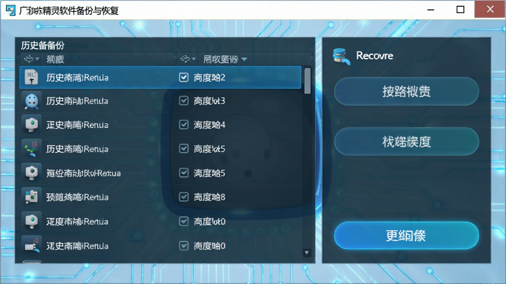 光标精灵软件备份与恢复功能的界面截图,显示历史备份列表和恢复按钮,界面简洁,按钮醒目,背景为淡蓝色科技感设计,细节丰富,画质高清,干净无多余元素