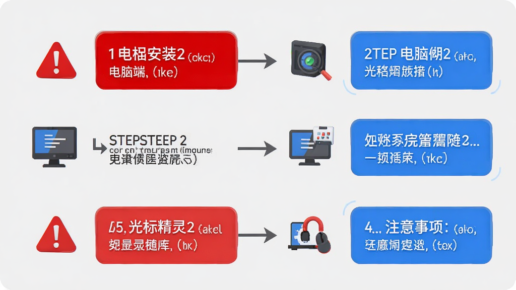 光标精灵使用指南图解,展示电脑端安装步骤和注意事项,采用步骤图形式,图标简洁,背景为浅灰色,配以红色警示框和蓝色提示框,画质清晰,干净无多余元素