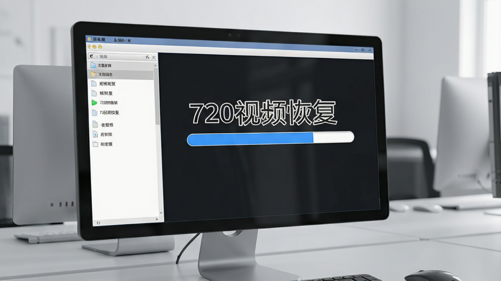 电脑屏幕前显示扫描进度条,左侧有文件列表,界面清晰标注“720视频恢复”字样,背景为浅灰色办公环境,构图简洁,写实风格,画质细腻,无多余元素