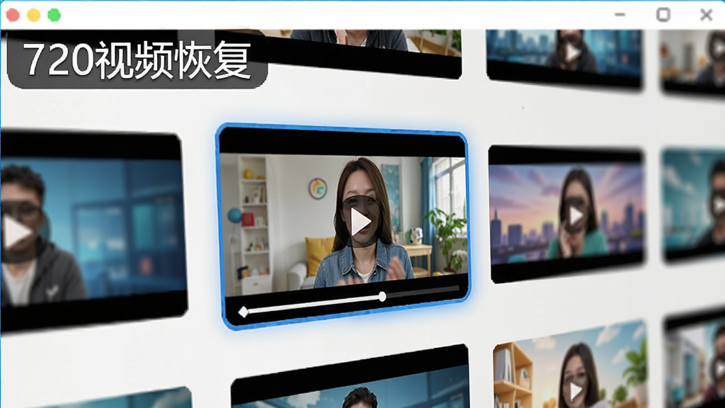 软件界面中多个视频缩略图排列,其中一个视频正在播放,窗口左上角有“720视频恢复”标识,整体界面清爽,色彩明快,截图风格,细节丰富,画质清晰