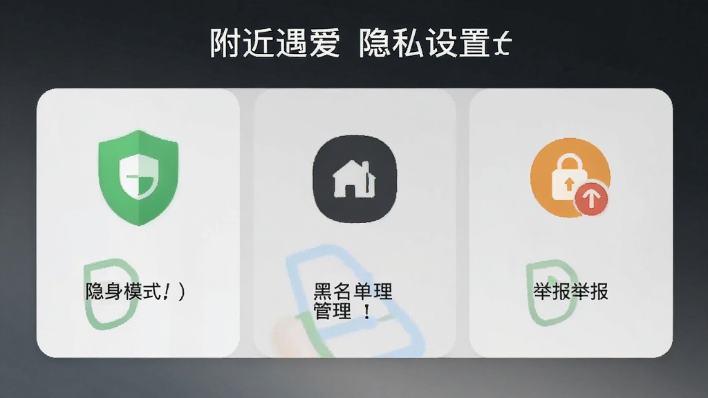 附近遇爱隐私设置界面,包含隐身模式、黑名单管理、举报入口,图标清晰,绿色安全盾牌元素,画质干净,无多余元素