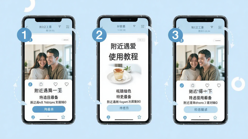 附近遇爱使用教程示意图,手机屏幕显示操作步骤,步骤编号清晰,背景为浅蓝色,画质干净,无多余元素