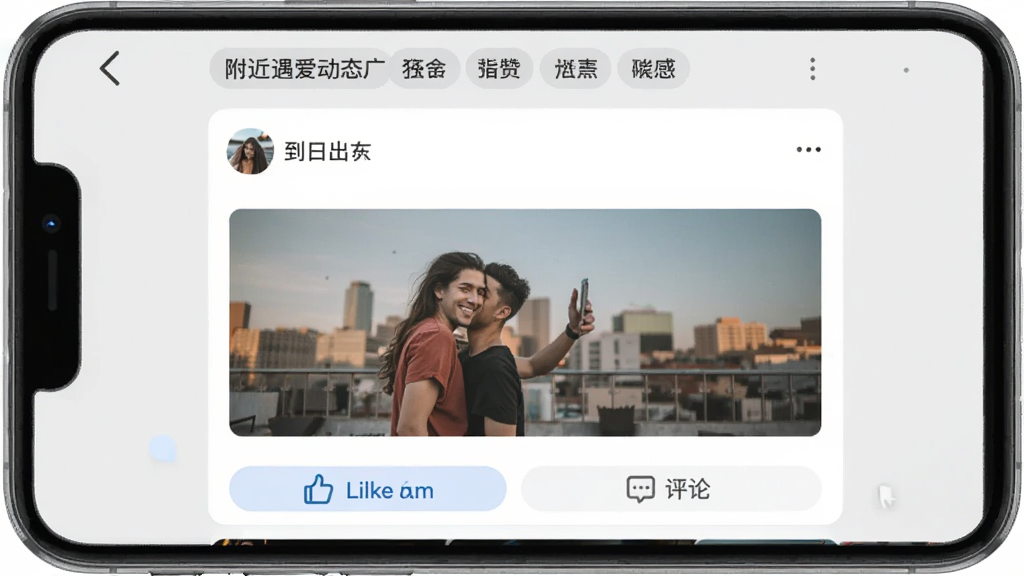 附近遇爱动态广场界面,用户发布图文动态,下方有点赞评论按钮,顶部有话题标签,背景为浅灰色,卡片式布局,画质干净,无多余元素