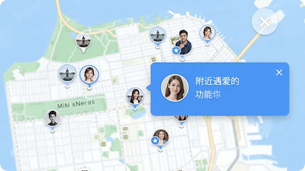附近遇爱附近的人功能界面,地图上分布着多个用户头像,点击头像弹出资料卡,界面简洁,蓝色主题色,画质清晰,无多余元素