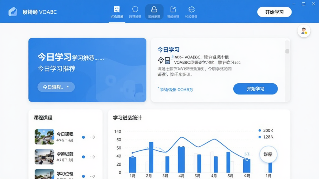 易精通VOABBC英语学习软件主界面展示图,主体为软件首页,布局清晰,上方为功能导航栏,中间为今日学习推荐卡片,下方为学习进度统计图表,风格现代简约,色彩以蓝色和白色为主,细节包括课程列表和开始学习按钮,画质高清干净,无多余元素