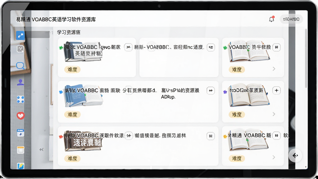 易精通VOABBC英语学习软件资源库界面,主体为学习资源列表,布局采用卡片式排列,风格清新简洁,细节包括VOABBC新闻标题和难度标签,画质清晰,干净无多余元素