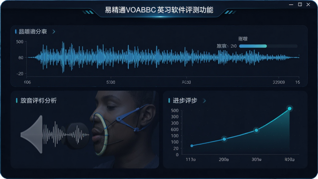 易精通VOABBC英语学习软件语音评测功能界面,主体为口语练习页面,布局包括波形图和评分结果,风格科技感,细节包括发音分析和进步曲线,画质高清,干净无多余元素