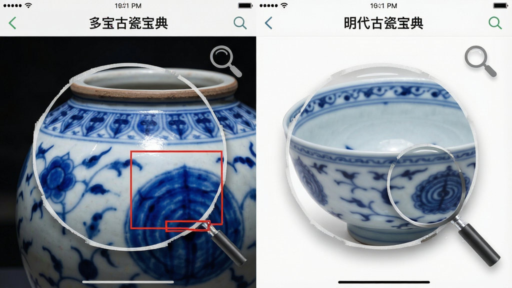 一张对比式的界面截图示意图,画面中“多宝古瓷宝典”APP采用左右分屏模式,左侧显示元代青花罐局部,右侧显示明代永乐青花碗局部,两图均放大展示钴料发色细节;布局对称平衡;排版专业;风格为数字博物馆展示风格;细节包含放大镜功能图标与红框标注区域;画质细腻,干净无多余元素。