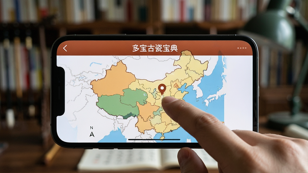 一张手机横屏使用场景图,屏幕上显示“多宝古瓷宝典”的窑口地图界面,背景虚化的书房环境;布局为手机居中特写;排版简洁;风格为生活化纪实摄影;细节显示手指点击地图标记点的交互动作;画质清晰自然,干净无多余元素。