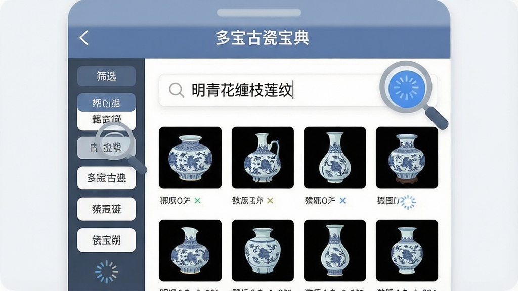一张扁平化风格的功能展示图,画面中央以“多宝古瓷宝典”APP搜索界面为视觉主体,顶部搜索框有“明青花缠枝莲纹”文字,下方以网格形式排列多个瓷器缩略图;布局采用左右分栏设计,左侧为筛选标签栏;排版整洁有序;风格为现代UI/UX示意图;细节突出放大镜图标与数据加载动画;画质高清新锐,干净无多余元素。