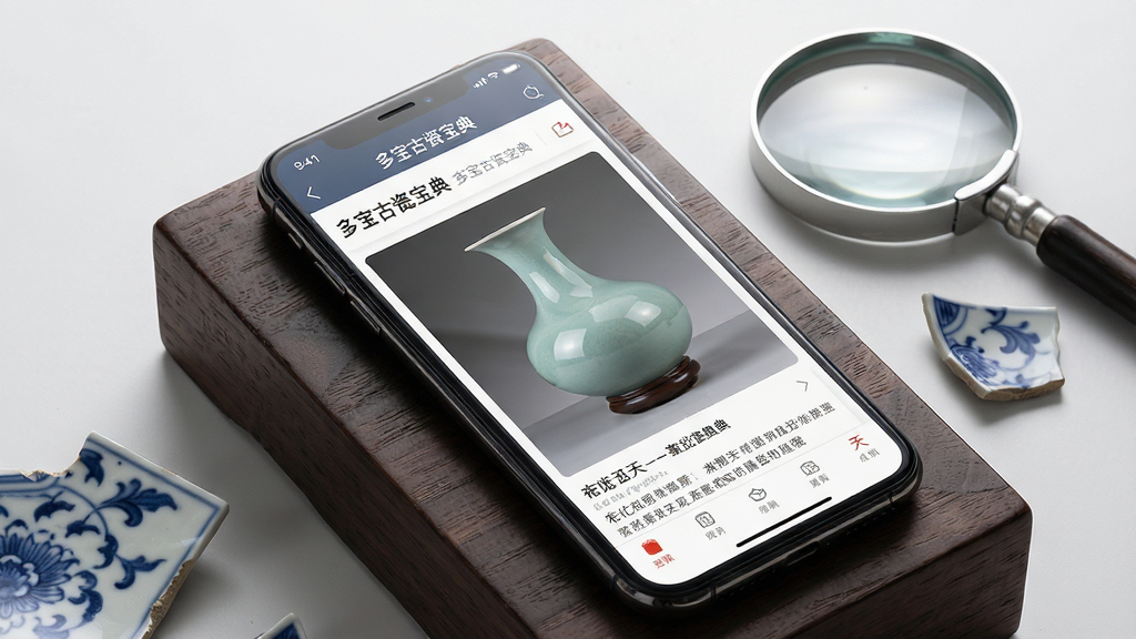 一幅精美的静物摄影风格图片,主体是智能手机屏幕正展示“多宝古瓷宝典”APP界面,屏幕内呈现一件宋代汝窑天青釉瓷瓶的高清大图与详细注释;手机斜放在深色木质展台上,旁边点缀放大镜与几片青花瓷片;布局主体突出、错落有致;排版干净利落;风格为写实商业产品图;细节包括屏幕反光与瓷片纹理;画质8K超清,干净无多余元素。