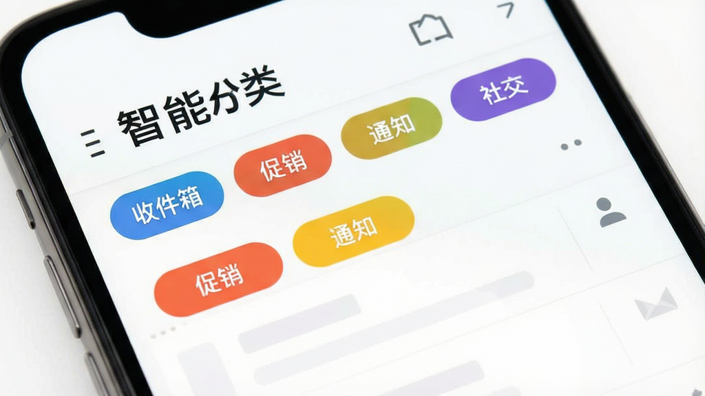 手机屏幕展示网络免费邮箱的智能分类界面,邮件被分为“收件箱”、“促销”、“通知”、“社交”等标签页,彩色标签,界面简洁,背景白色,扁平化风格,画质干净,文字标注“智能分类”
