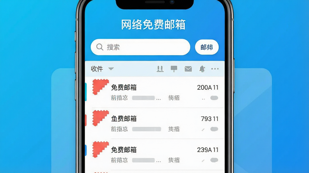 一张智能手机屏幕展示网络免费邮箱应用界面,屏幕中央显示收件箱列表,有未读邮件红色角标,背景为简洁明亮的渐变蓝色,界面布局清晰,上方有搜索框和写邮件按钮,整体风格扁平化,现代感强,画质干净,无多余元素,文字标注“网络免费邮箱”