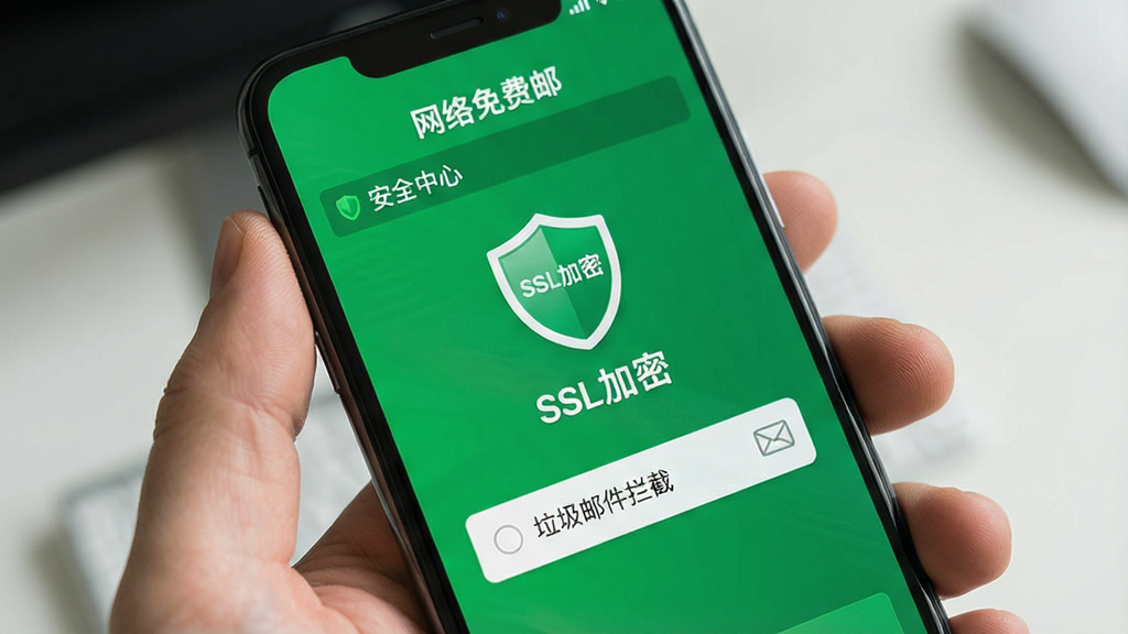 手机屏幕展示网络免费邮箱的安全中心界面,显示“SSL加密”盾牌图标,背景为绿色安全色调,界面简洁,有“垃圾邮件拦截”选项,画质干净,无多余元素