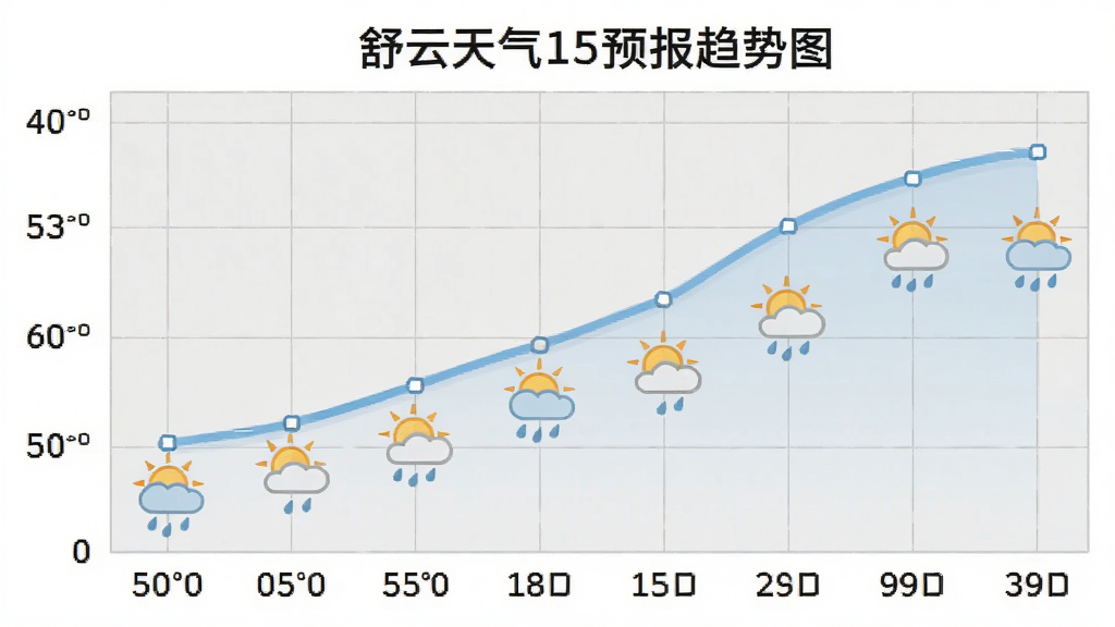 舒云天气15天预报趋势图,横轴为日期,纵轴为温度,曲线平滑,配有晴雨图标,背景为浅灰色网格,整体风格简洁直观,数据清晰易读,画质干净,无多余装饰