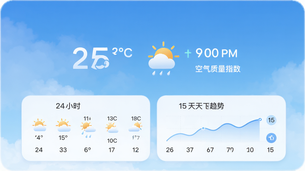 舒云天气主界面展示,采用清新简约设计风格,背景为渐变蓝色天空,中央显示当前温度、天气图标和空气质量指数,下方依次排列24小时预报和15天趋势,整体布局清晰,图标圆润,色彩柔和,画质高清,干净无多余元素